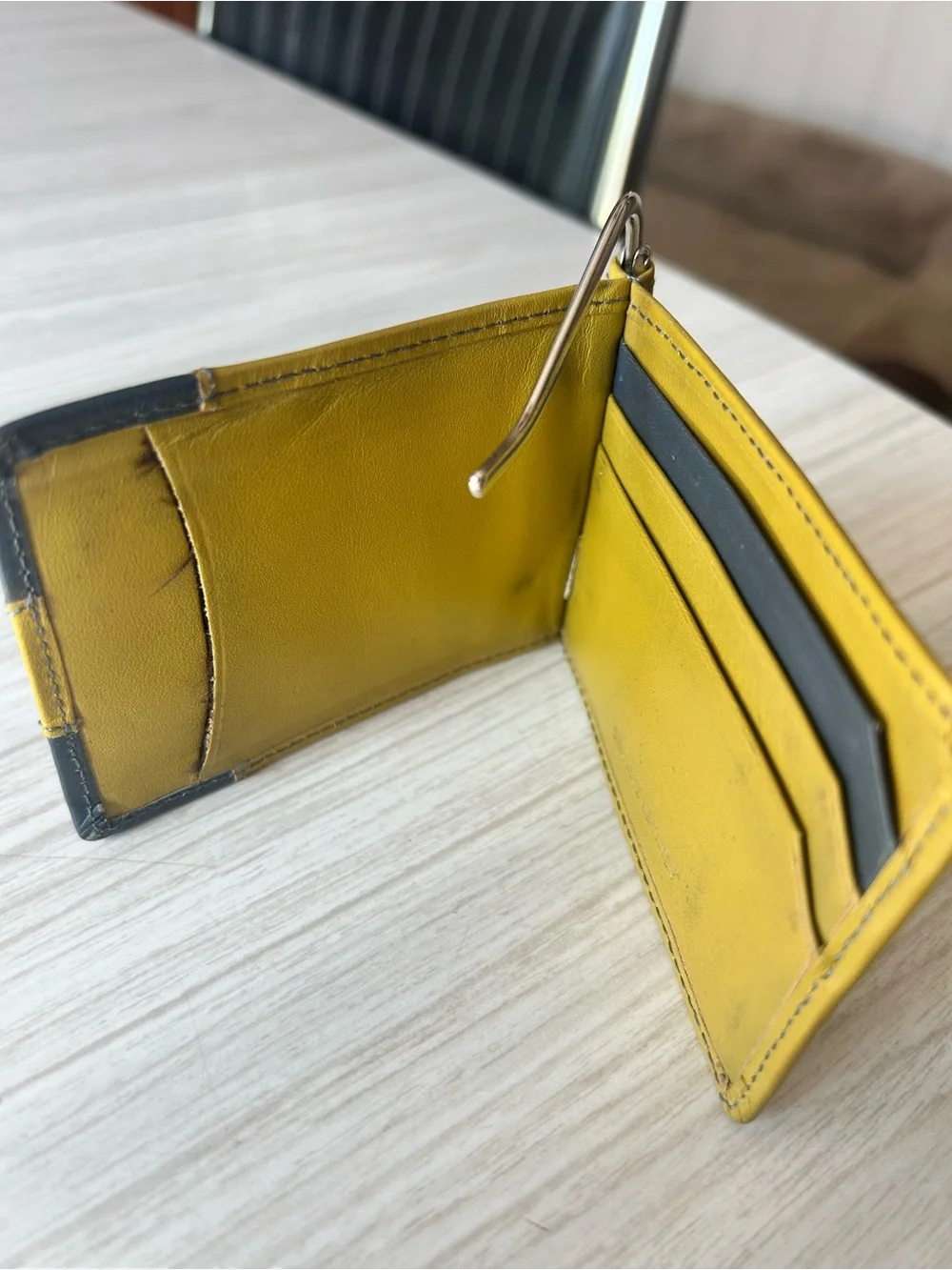 Men's Leather Money Clip Card Holder with Navy Accent
